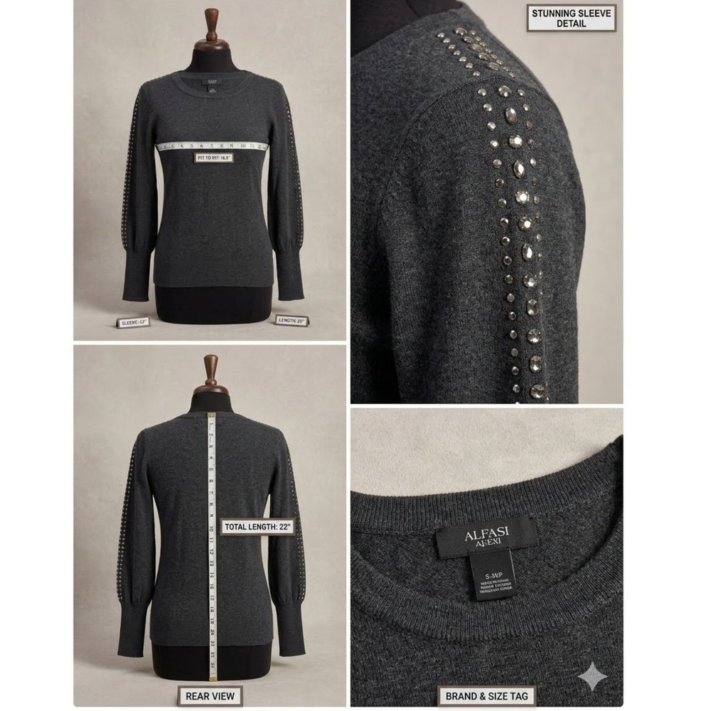 Alfani Petite Gray Studded Shoulder Puff Sleeve Crewneck‎ Sweater PM